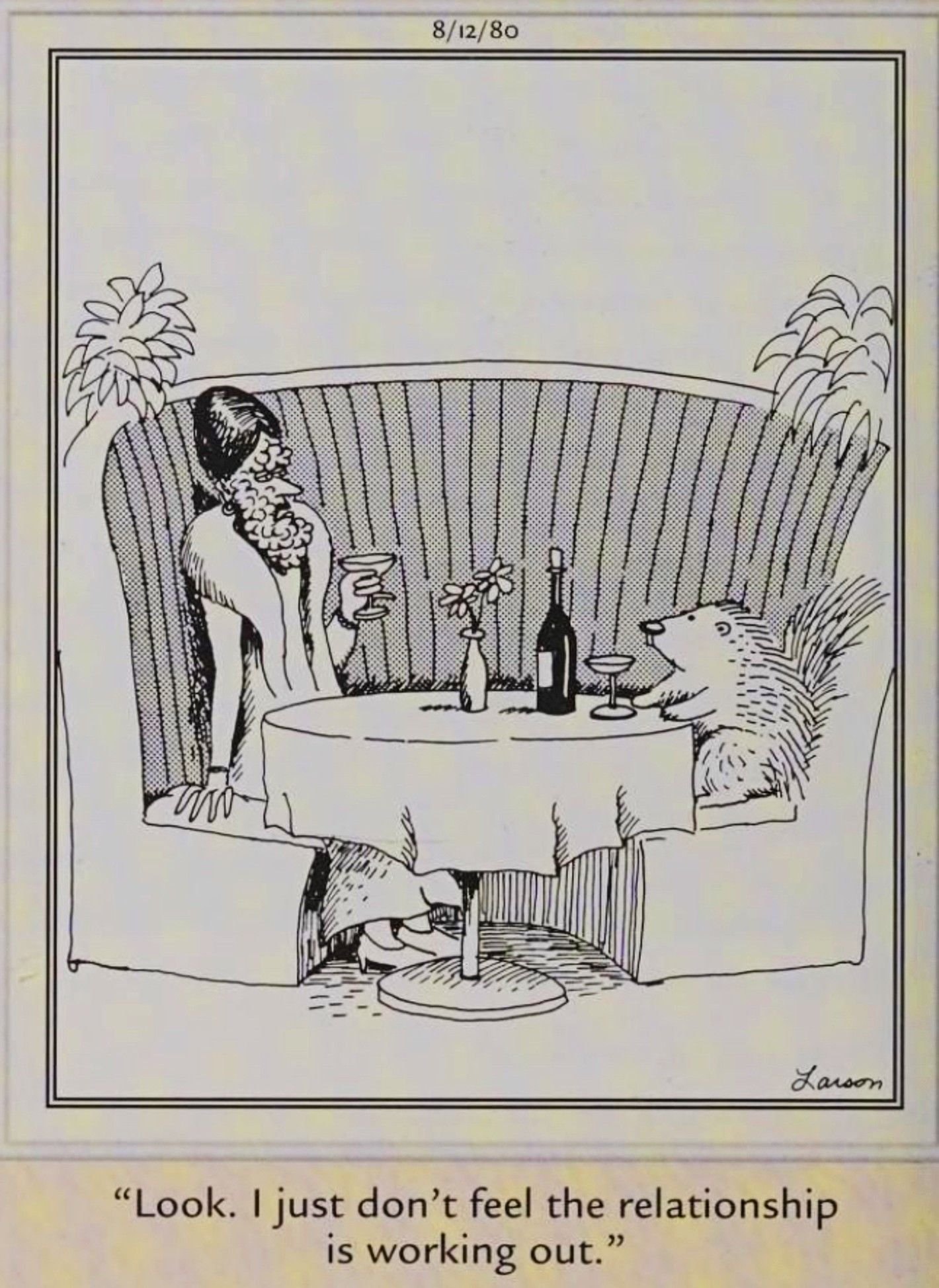 Far Side, August 12, 1980, a human woman and a porcupine break up over drinks