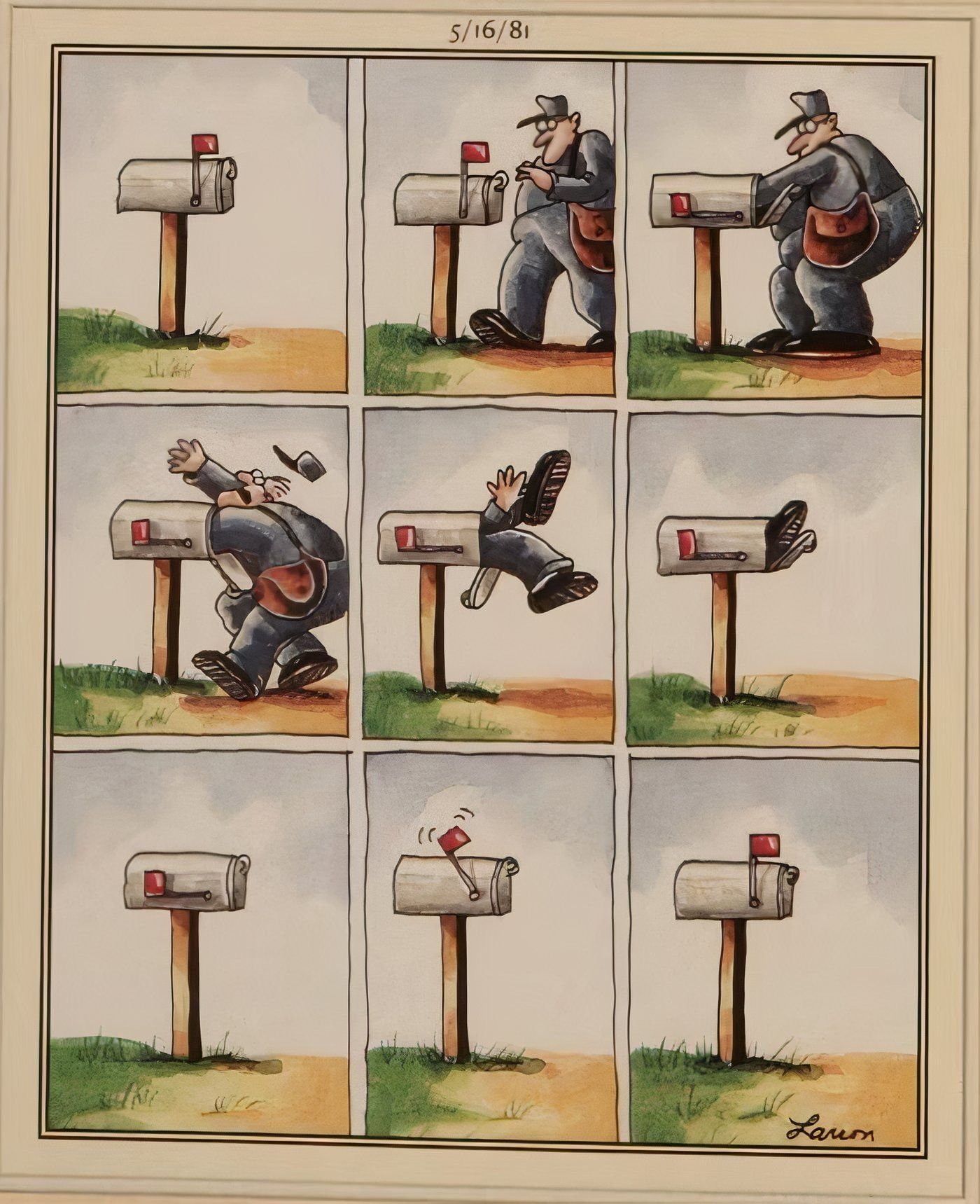 A mailman getting eaten by a mailbox in The Far Side.