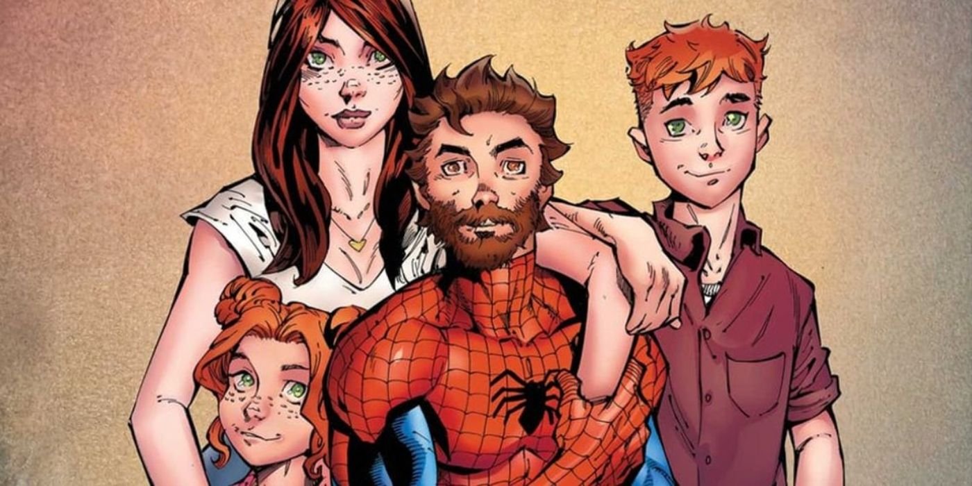 Marvel Squashes a Viral Spider-Man Theory With a Controversial (and Creepy) Update 3 Ultimate Spider-Man, Parker family portrait, Peter in Spidey suit, with Mary Jane and their two kids.