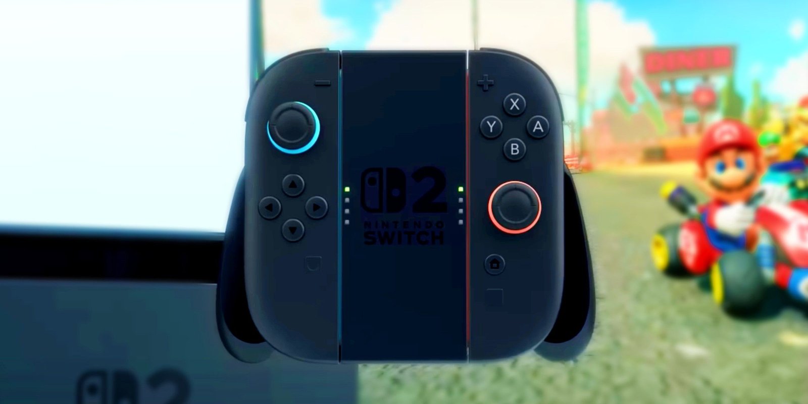 Connected Nintendo Switch 2 joy cons in front of Mario Kart 9 gameplay.