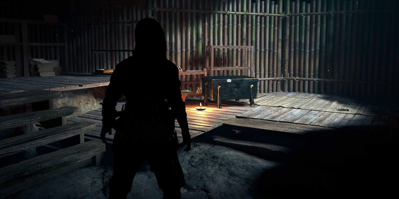 Naoe by a treasure chest in the Chasuriyama Kofun in Assassin's Creed Shadows