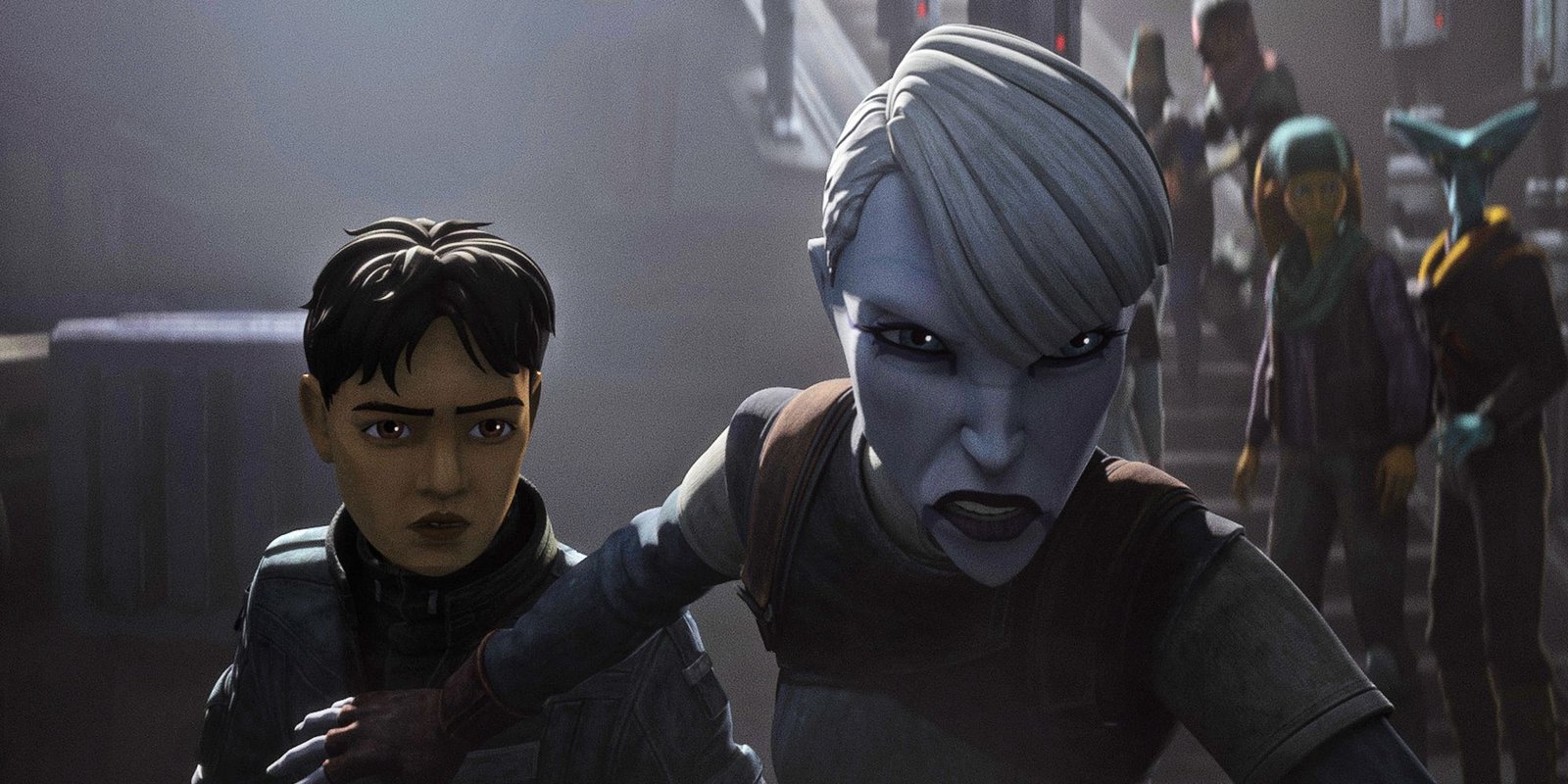 Asajj Ventress holds a hand out to protect a young identified Jedi survivor.