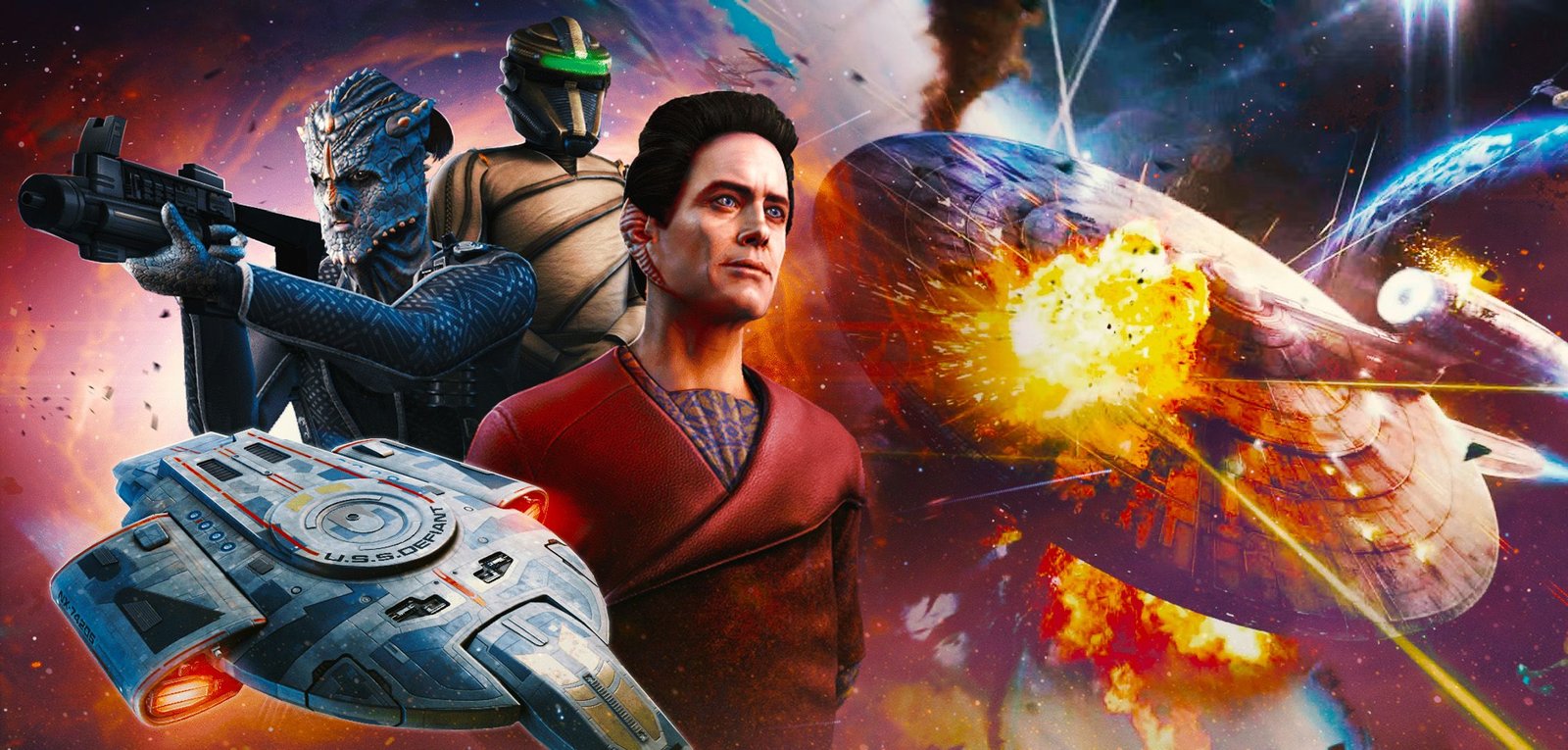 Multiple Star Trek Characters with ships flying in the background.