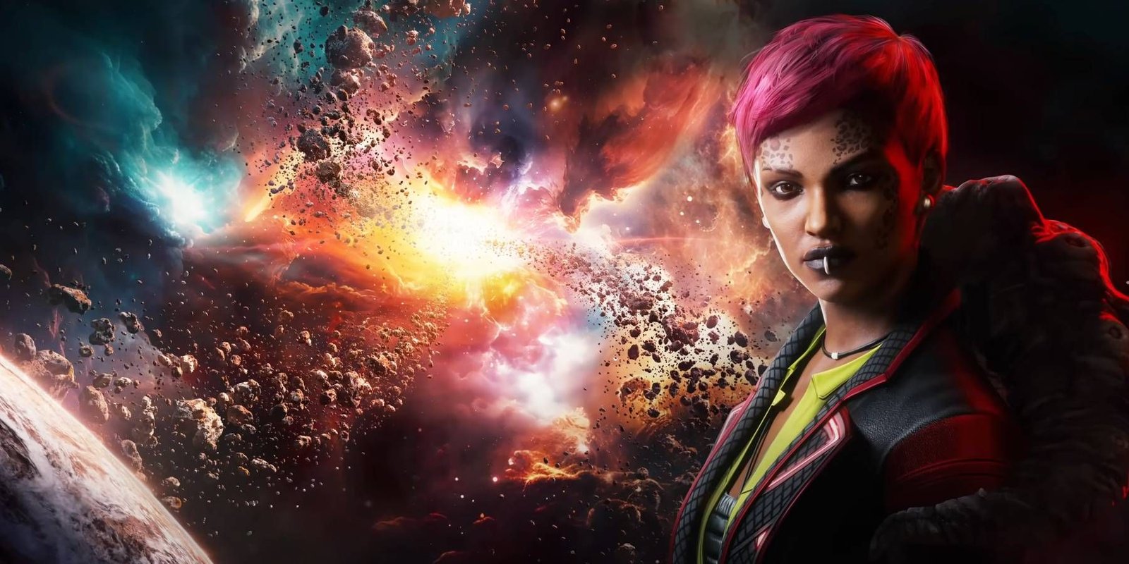 Star Trek Fleet Command showing a woman in front of a galaxy.