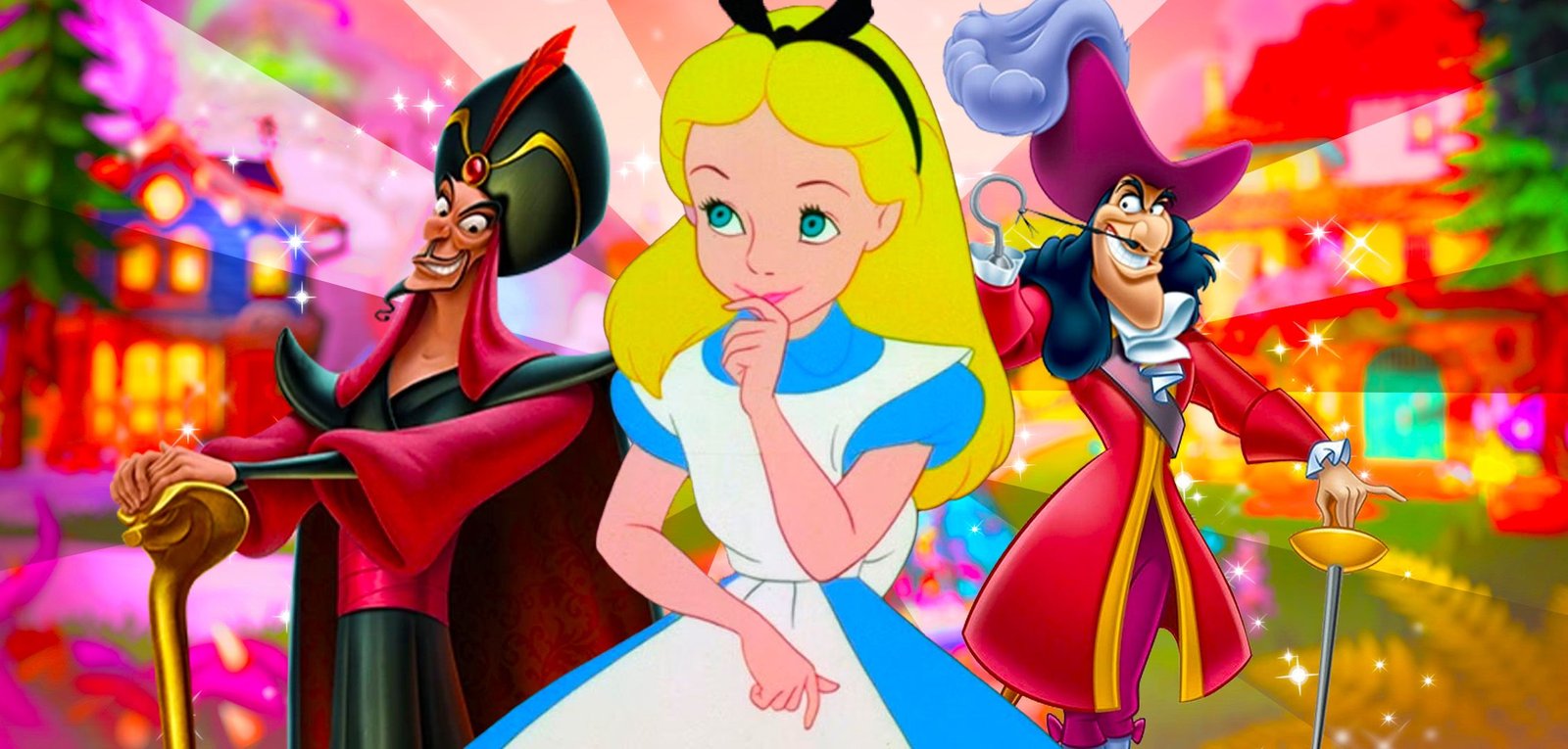 All Disney Dreamlight Valley Codes (April 2025) 4 Alice, Captain Hook, and Jafar with Disney Dreamlight Valley decorations in the background.