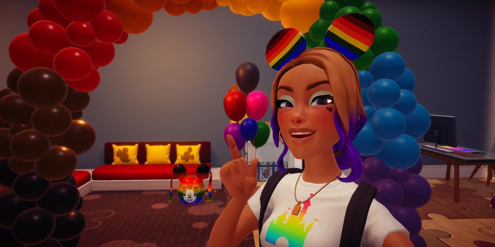 The player character with some of the pride code items in the background