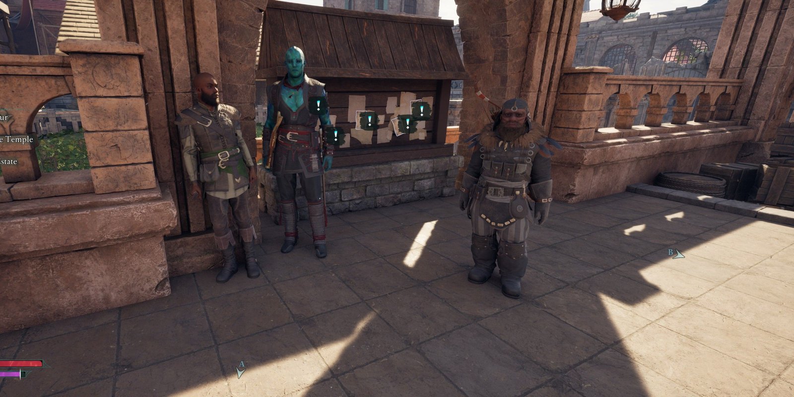 The player companions and quest giver at the bounty board in Avowed