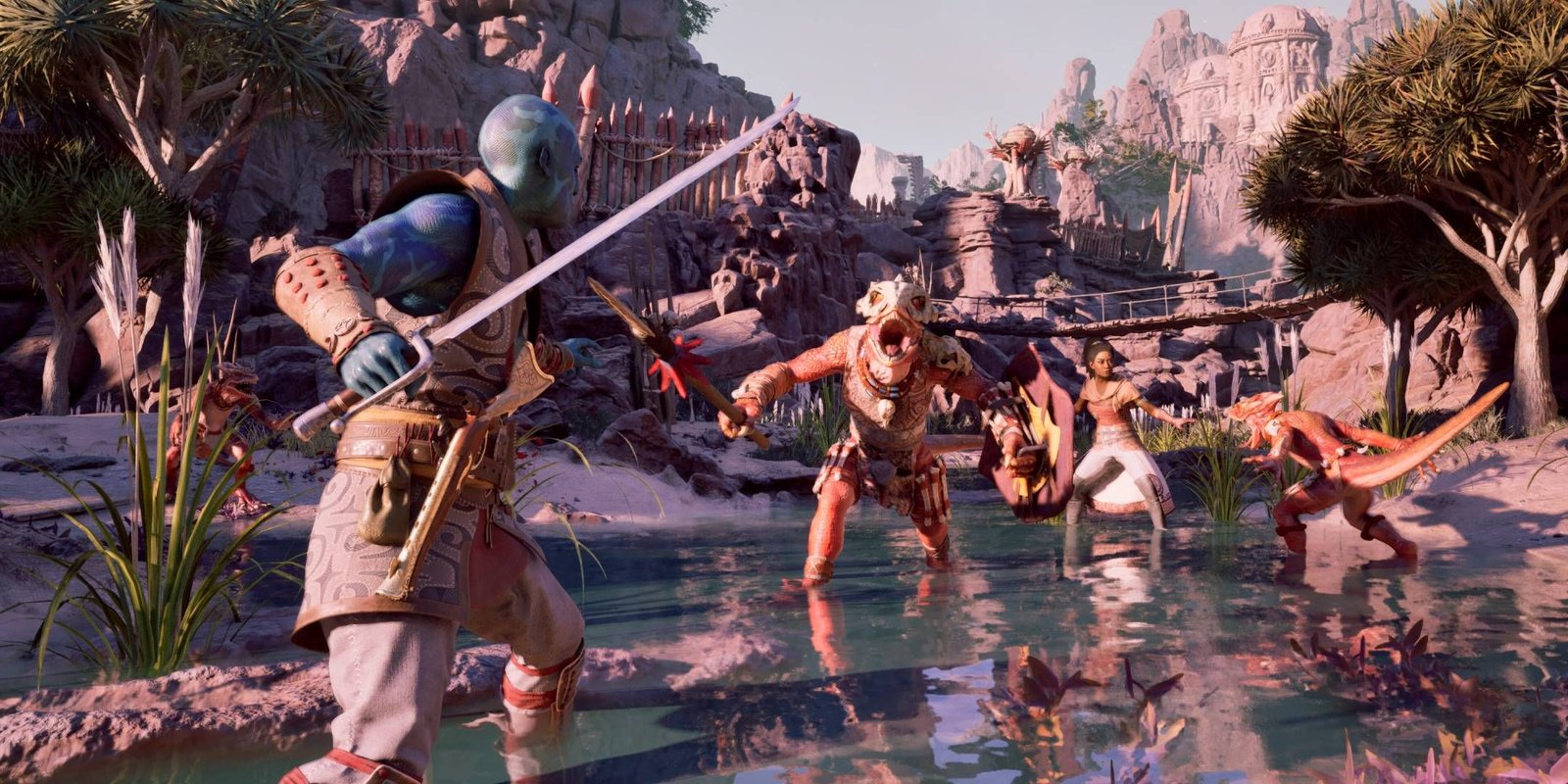 All Bounty Rewards & Locations In Avowed 25 Kai in Avowed fighting a group of enemies in a small lake.