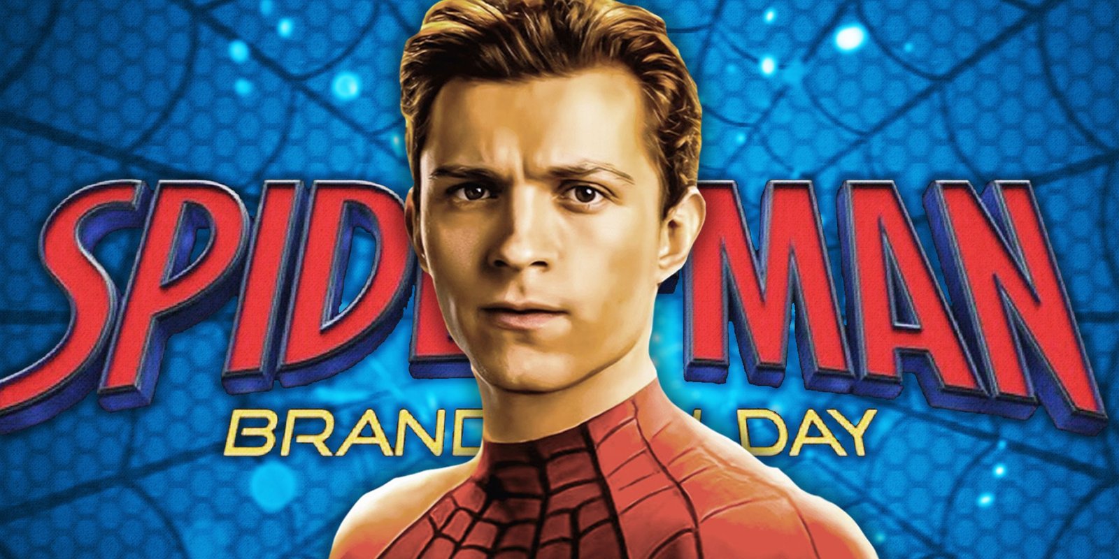 Tom Holland as Spider-Man in Front of the Spider-Man Brand New Day Logo