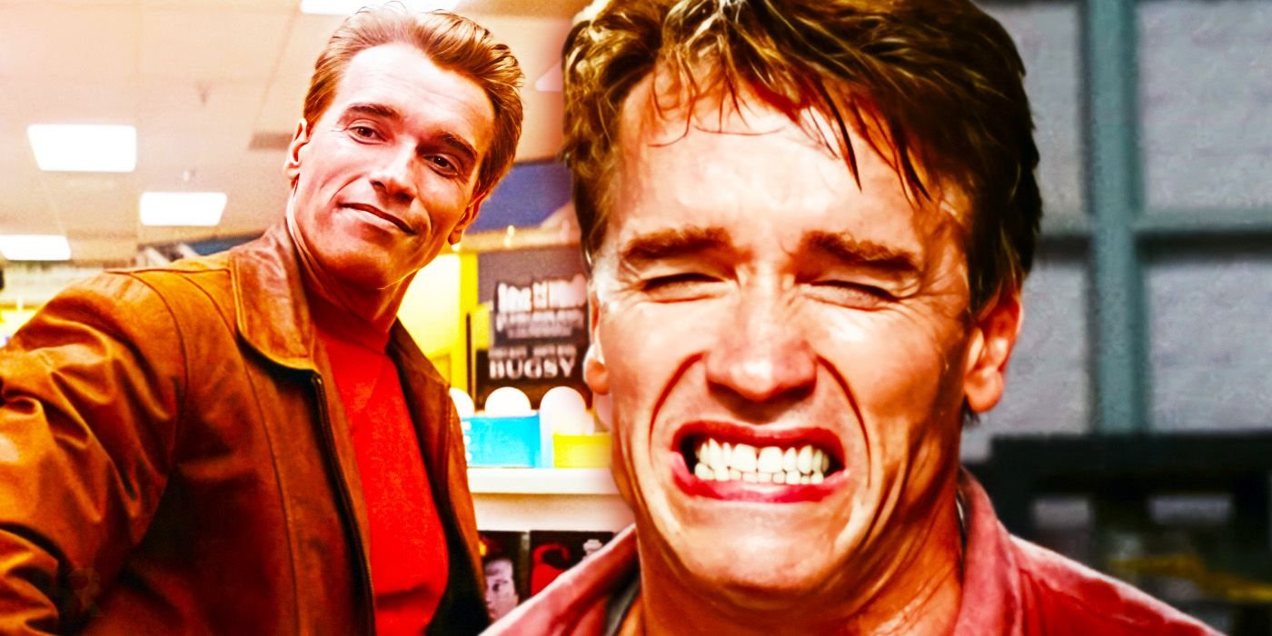 Arnold Schwarzenegger as Jack Slater smiling and grimacing in Last Action Hero