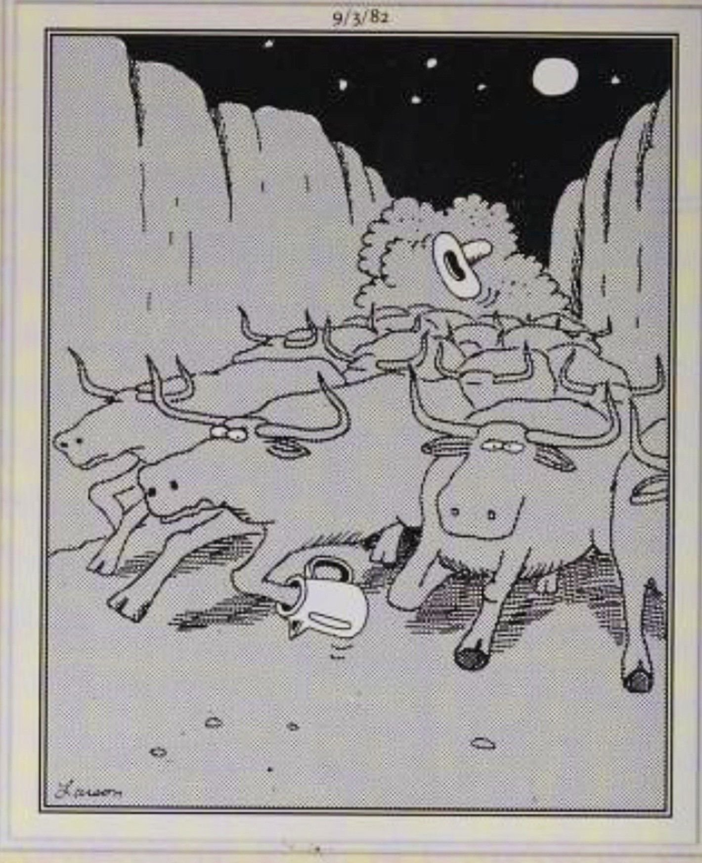 Far Side, September 3, 1982, a stampede of bison trample a cowboy's camp site