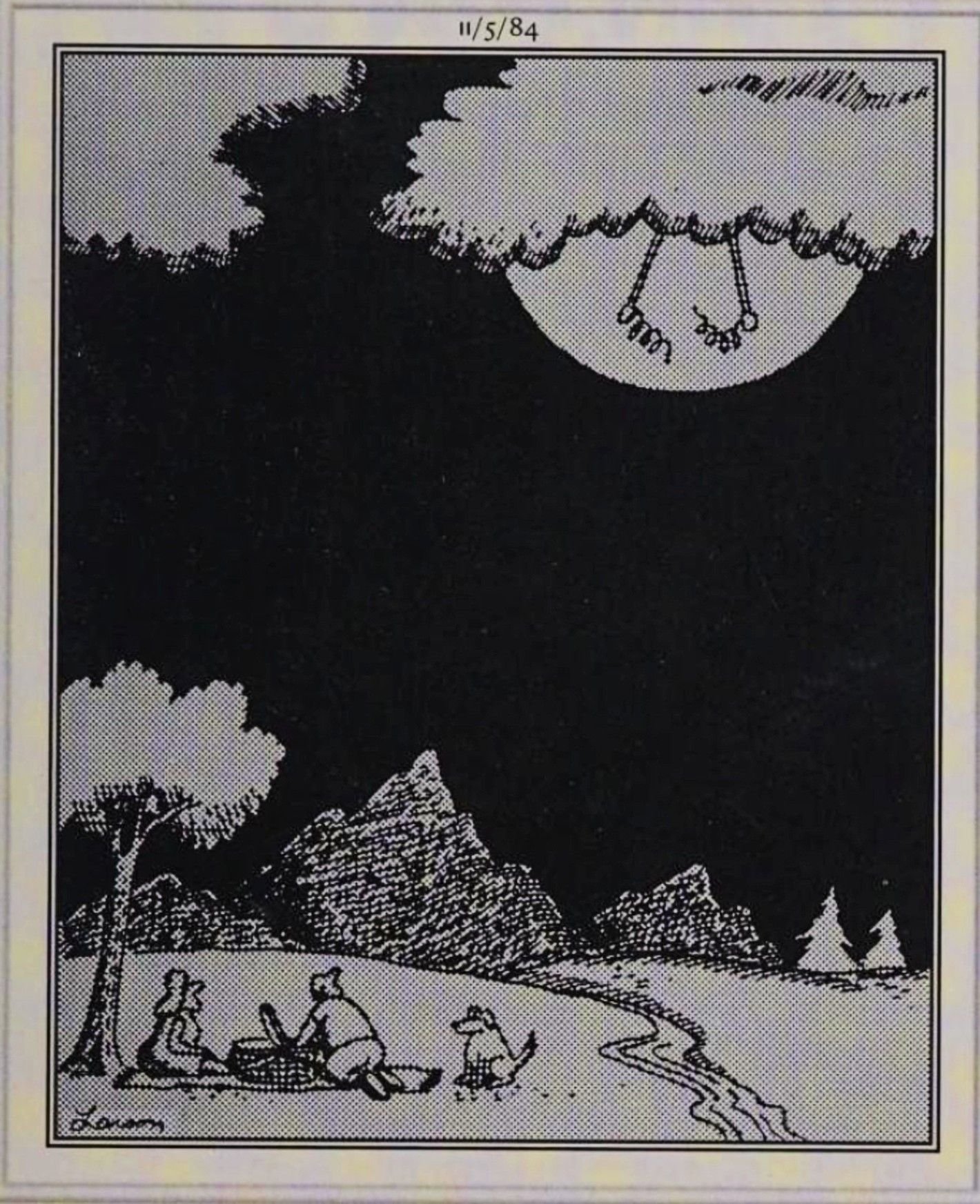 Far Side, November 5, 1984, people on a night picnic notice something strange in the sky