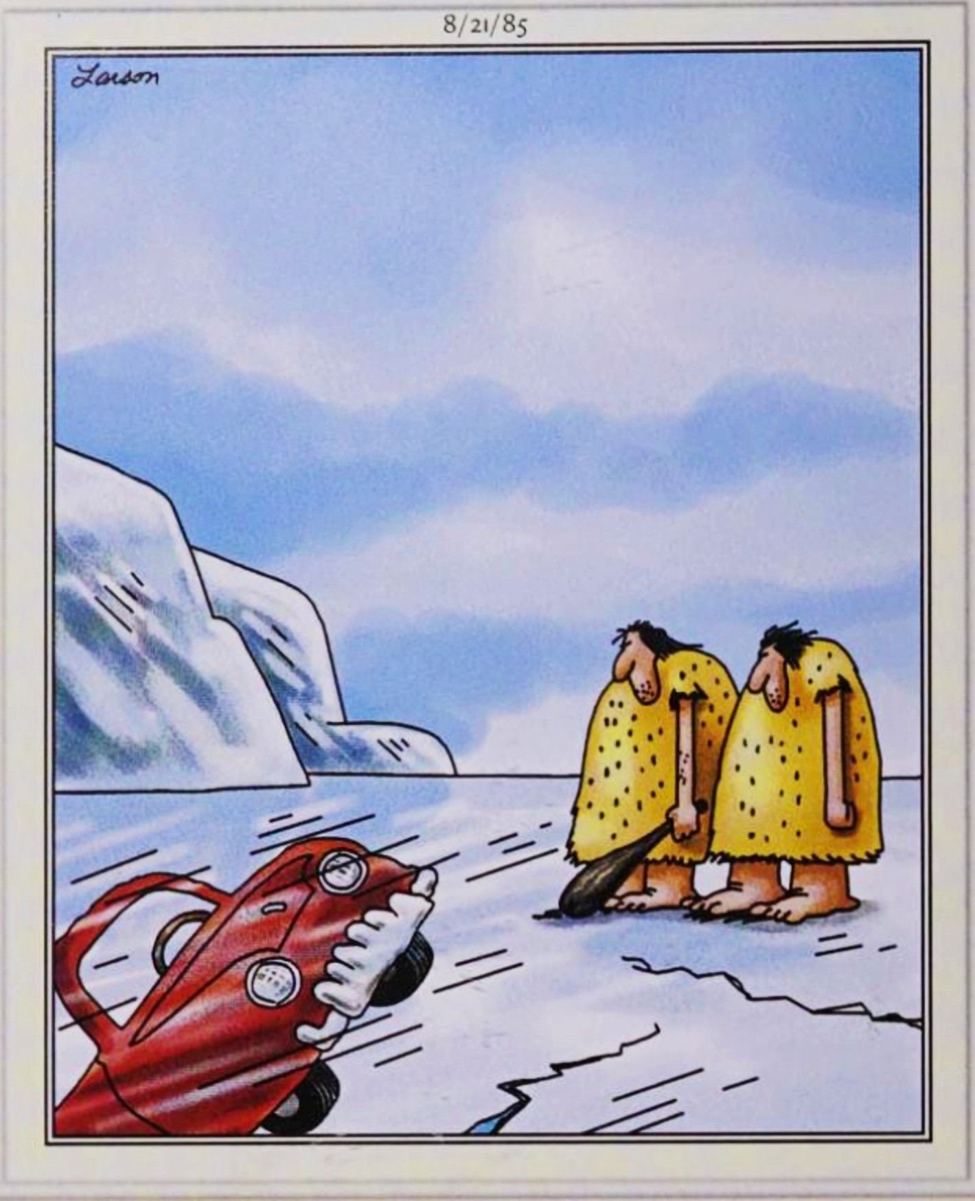 Far Side, August 21, 1985, prehistoric people look at a car trapped in ice