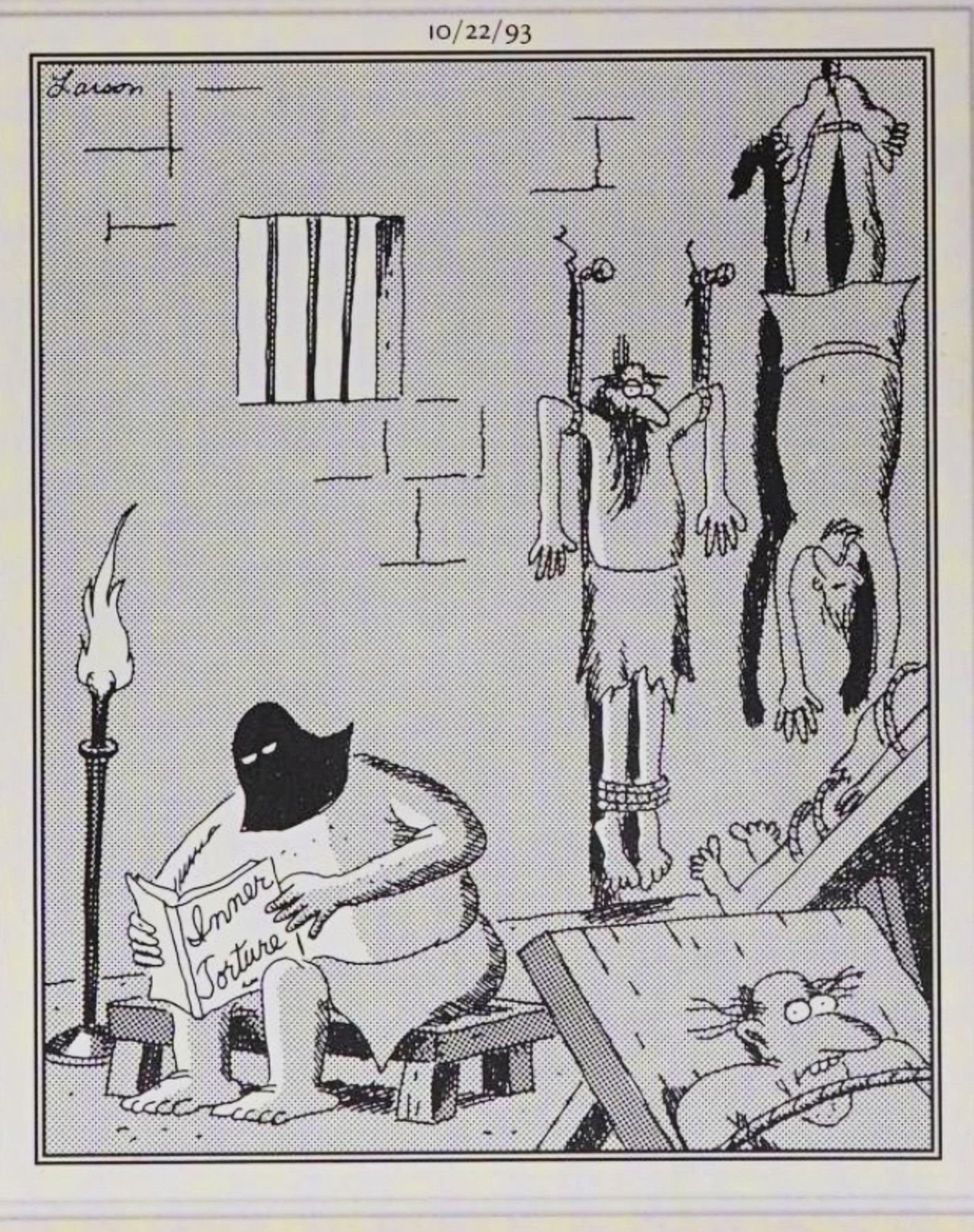 Far Side, October 22, 1993, a dungeon master reading a book entitled 'inner torture'