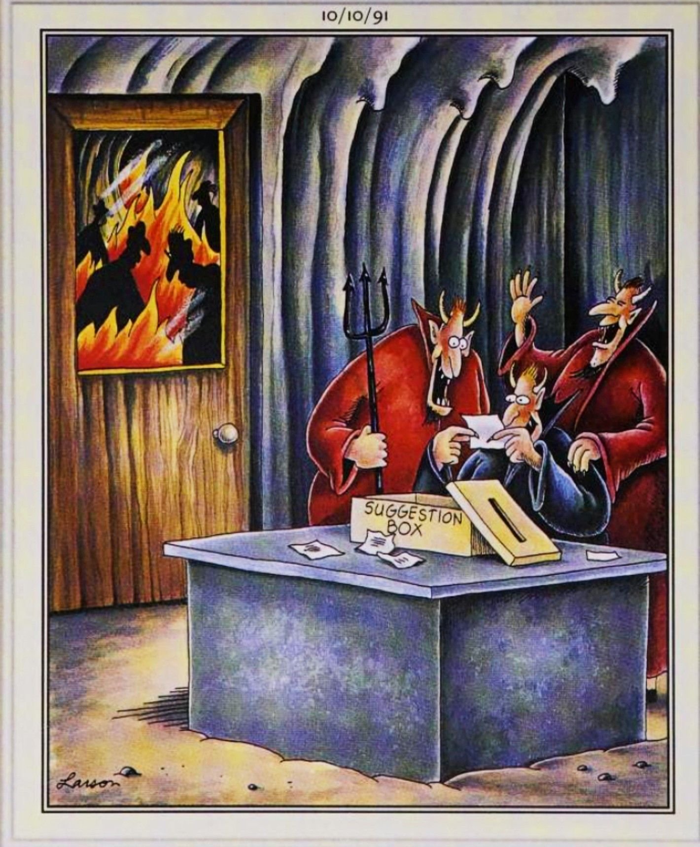 Far Side, October 10, 1991, devils laughing at notes in hell's suggestion box