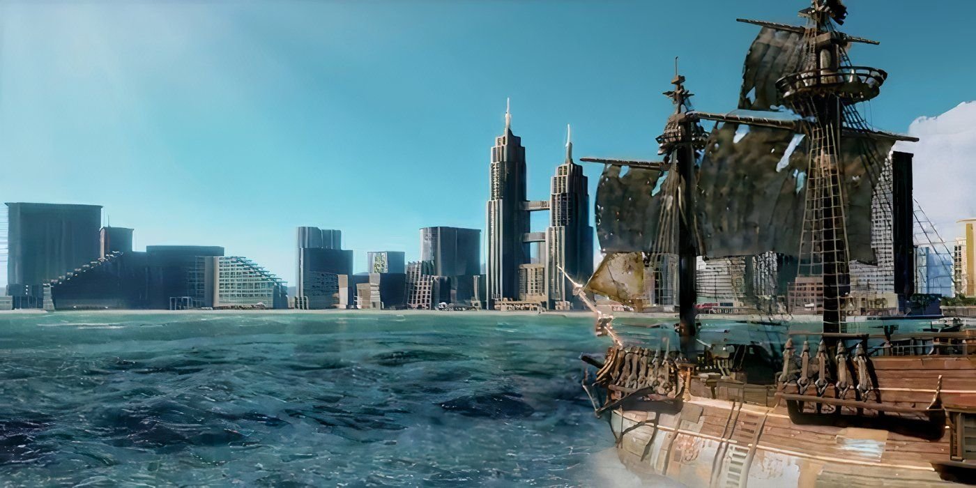 Like a Dragon Pirate Yakuza in Hawaii screenshot of a pirate ship approaching a city.