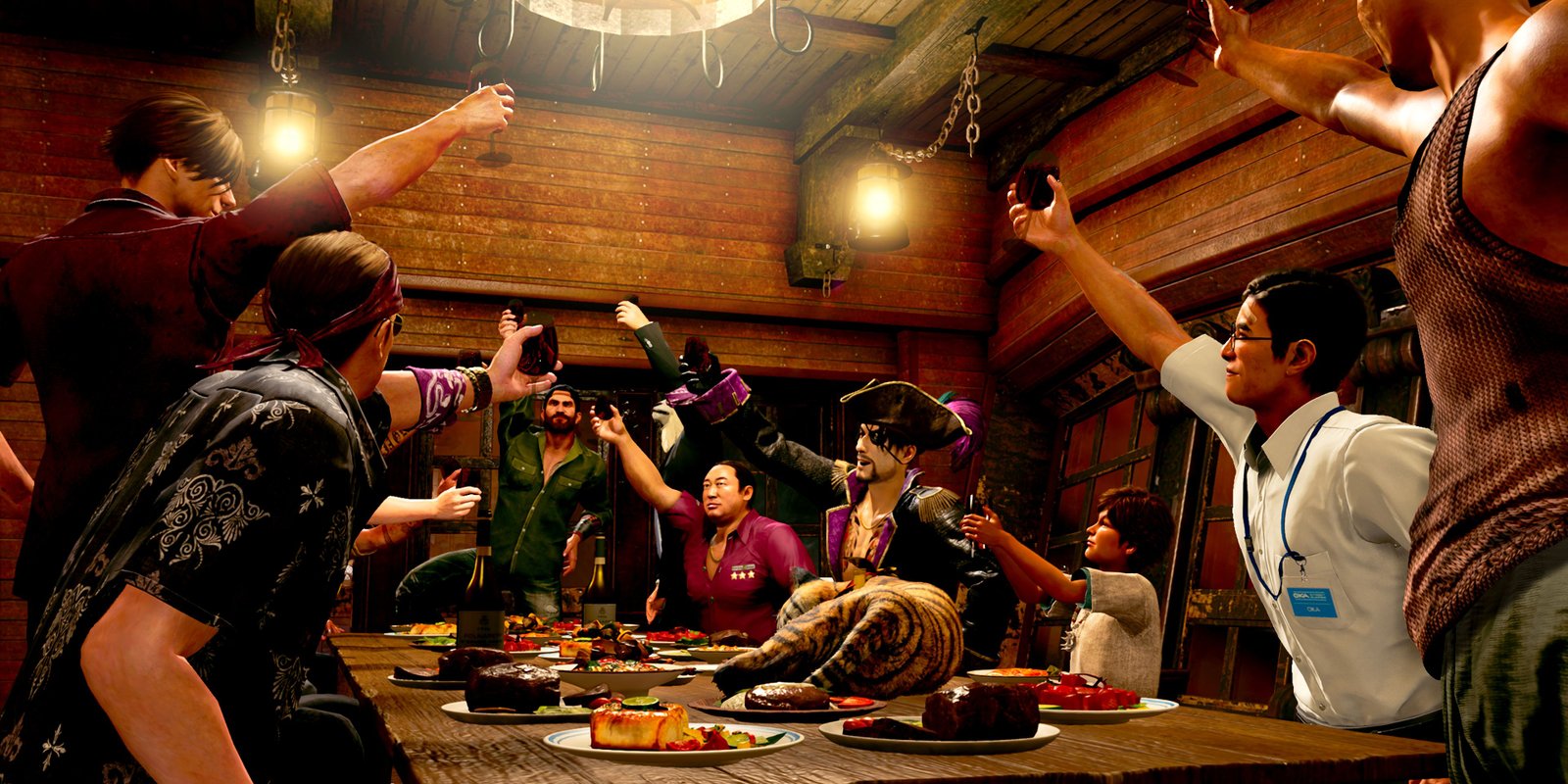 The pirate crew toasts over a meal in a screenshot from Like A Dragon PIrate Yakuza in Hawaii.