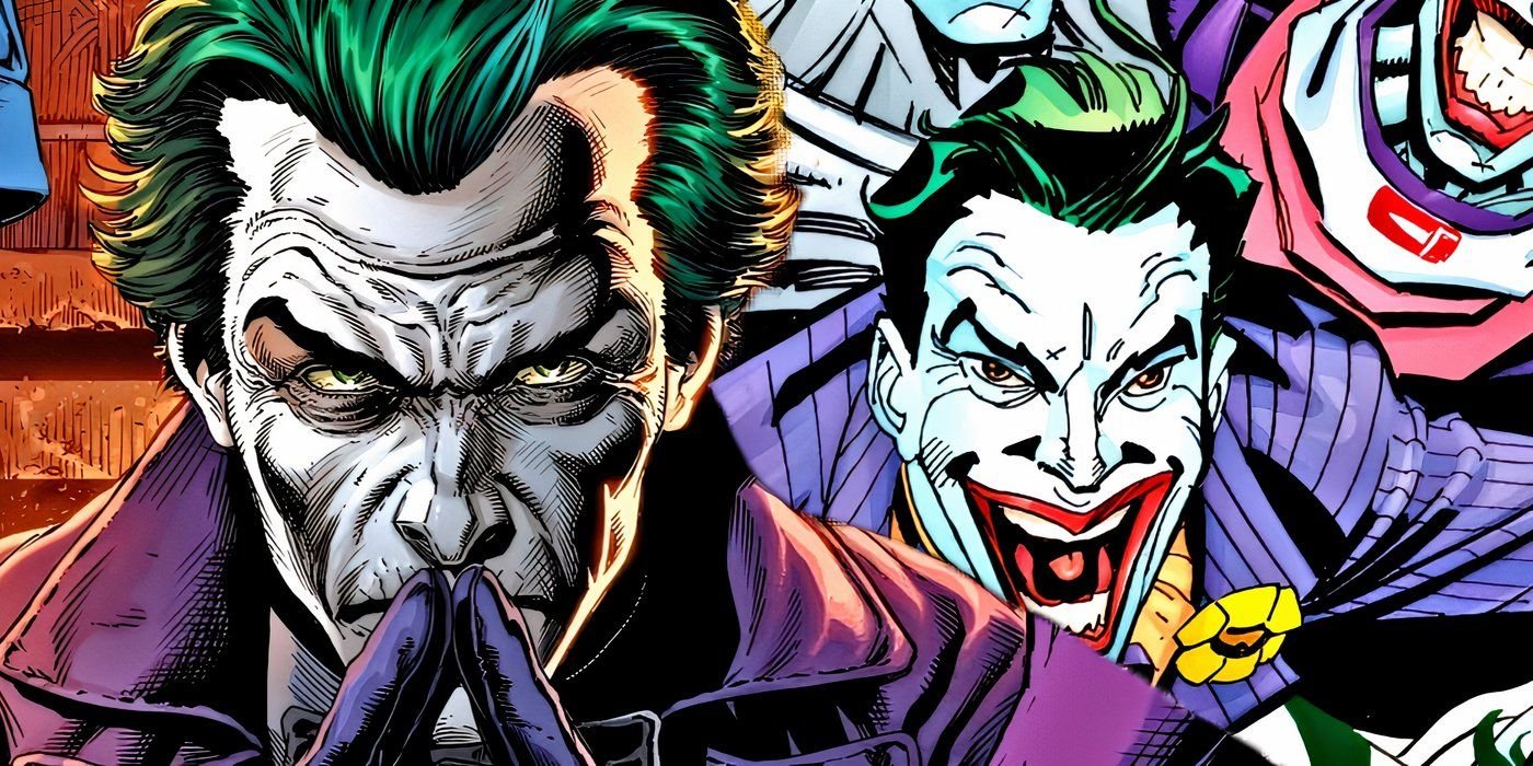 10 Worst Crimes Committed By the Joker to Date 3 Comic book art: A pensive-looking Joker with other Jokers laughing behind him.