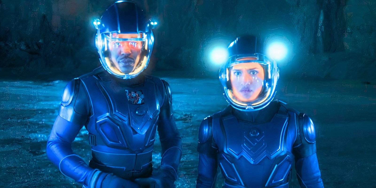 Ncuti Gatwa as the Fifteenth Doctor wearing a spacesuit with Varada Sethu as Belinda Chandra in Doctor Who
