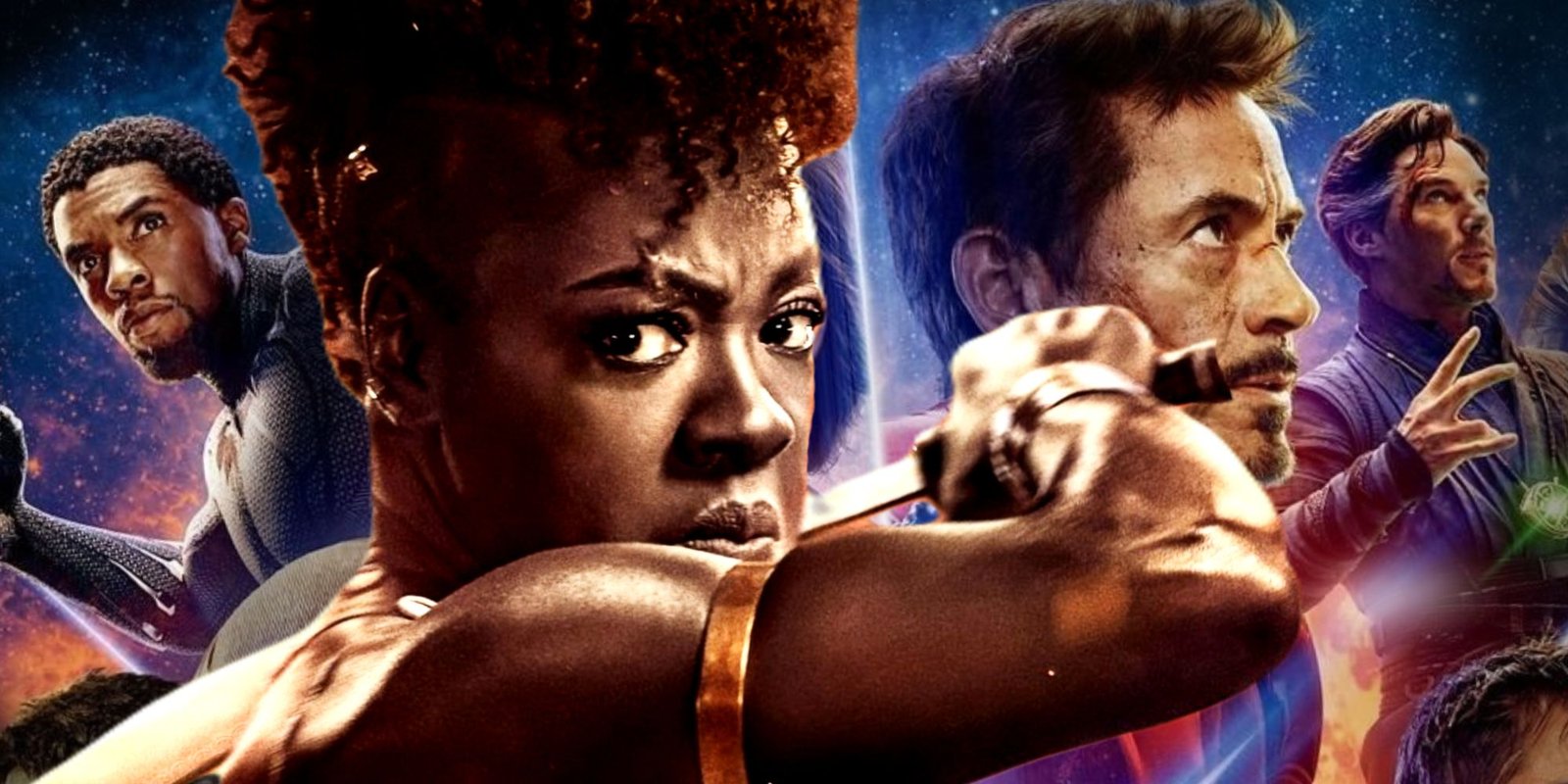 Viola Davis wields a weapon in The Woman King in front of the MCU Avengers in Endgame