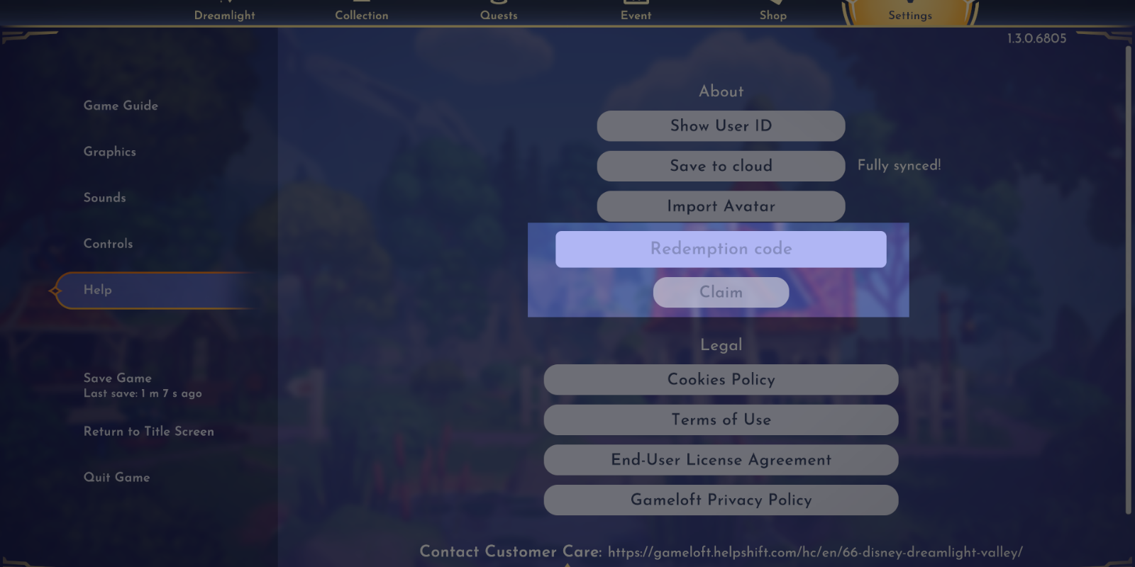 In game screenshot of Disney Dreamlight Valley showing the redemption code box