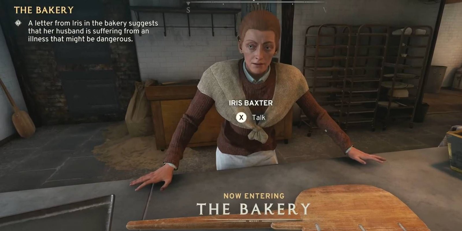 Atomfall speaking to Iris to start "The Bakery" Lead