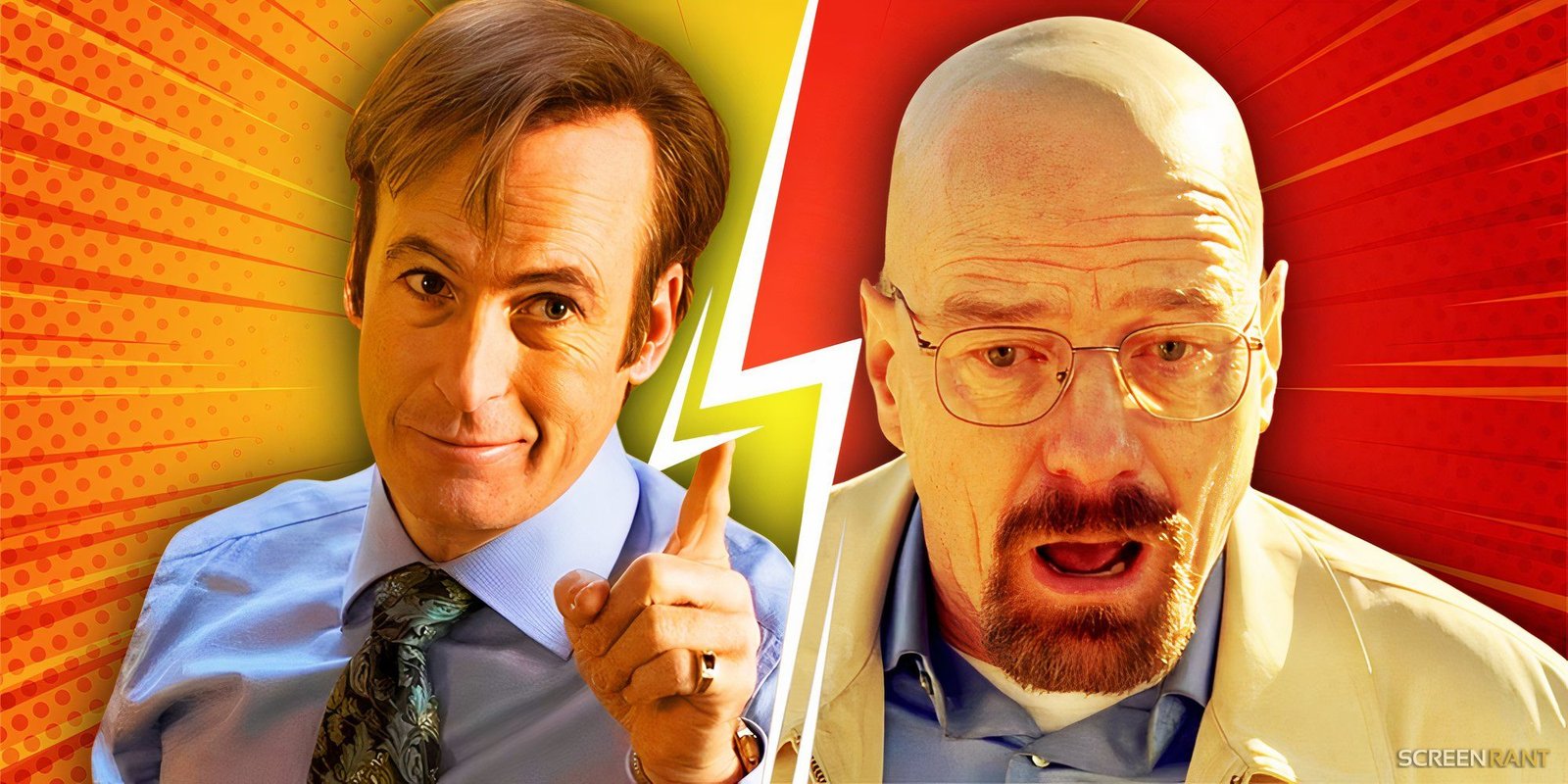 Better Call Saul’s Most Surprising Breaking Bad Cameo Was Way Better Than Walter White And Jesse Pinkman 3 Bob Odenkirk as Saul Goodman in Better Call Saul pointing and Bryan Cranston as Walter White in Breaking Bad shocked.