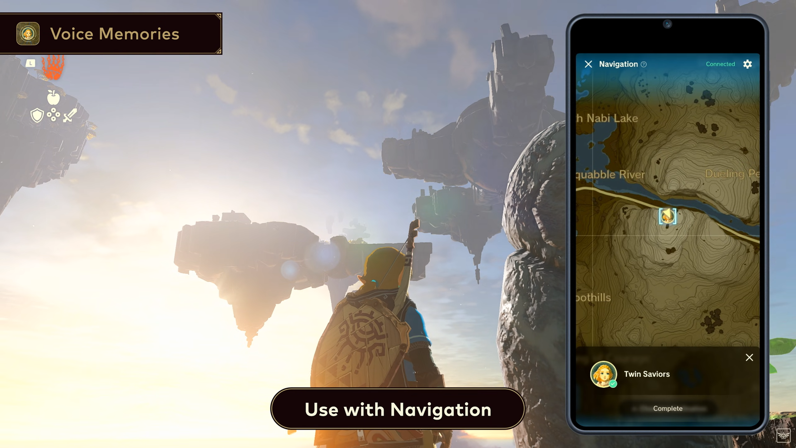 Link looking up at floating islands in Tears of the Kingdom, with a smartphone displaying the game's map on the right.