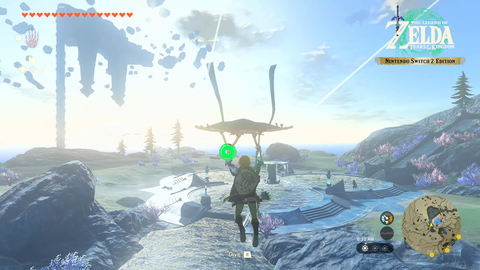 Link riding a paraglider in the Nintedno Switch 2 edition of The Legend of Zelda: Tears of the Kingdom.