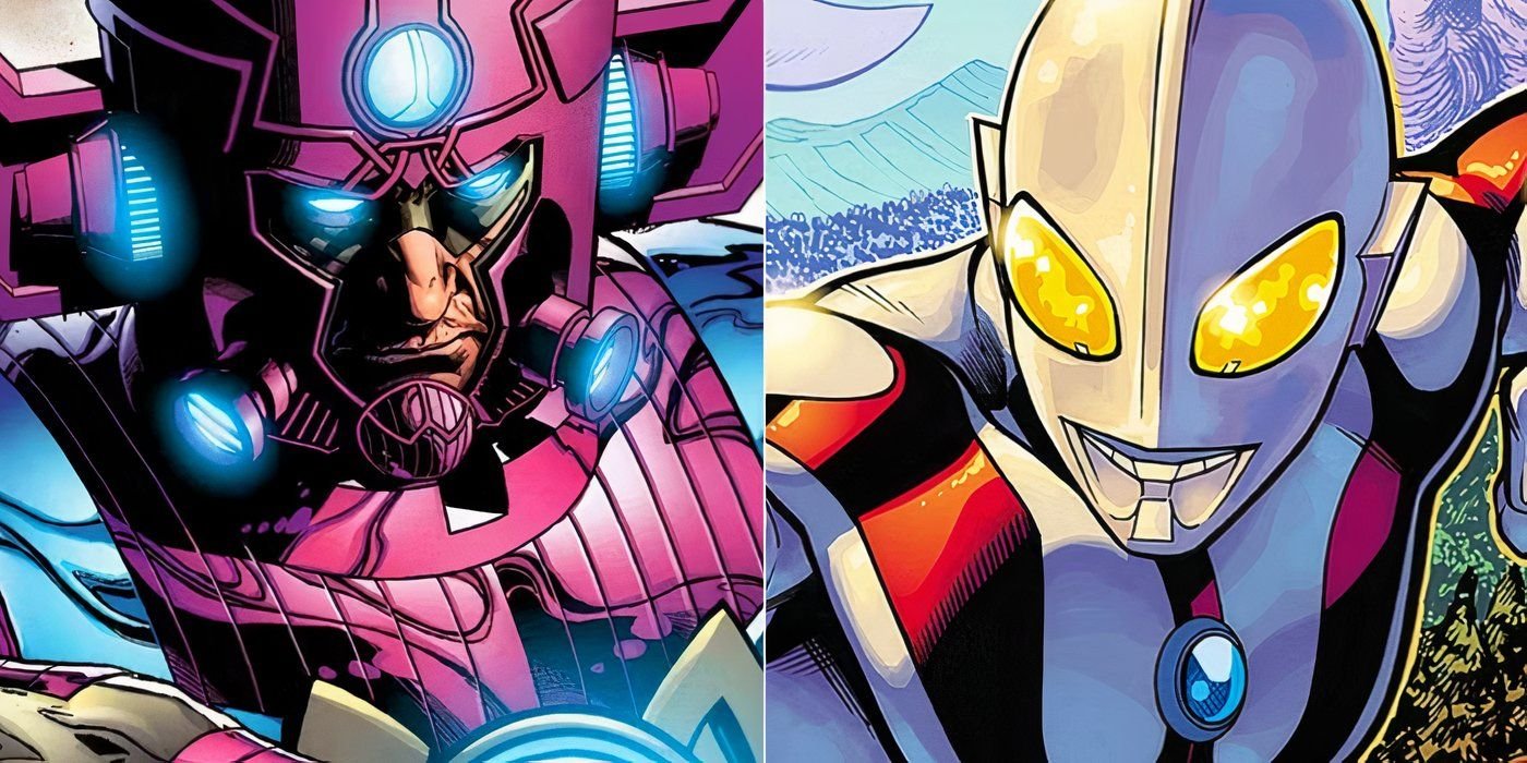 Split image of Galactus and Ultraman. 
