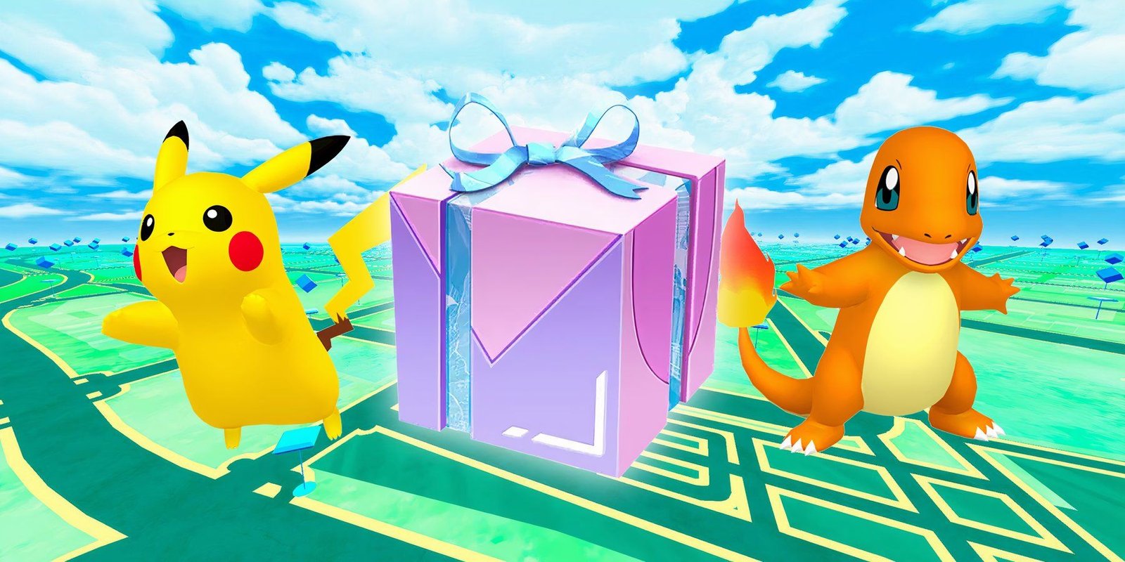 How To Beat Sierra In Pokémon GO (April 2025) 2 Pikachu and Charmander standing next to a Pokemon GO gift