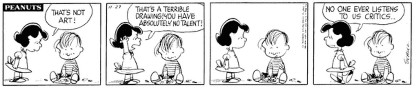 Lucy criticizing Linus's drawing.