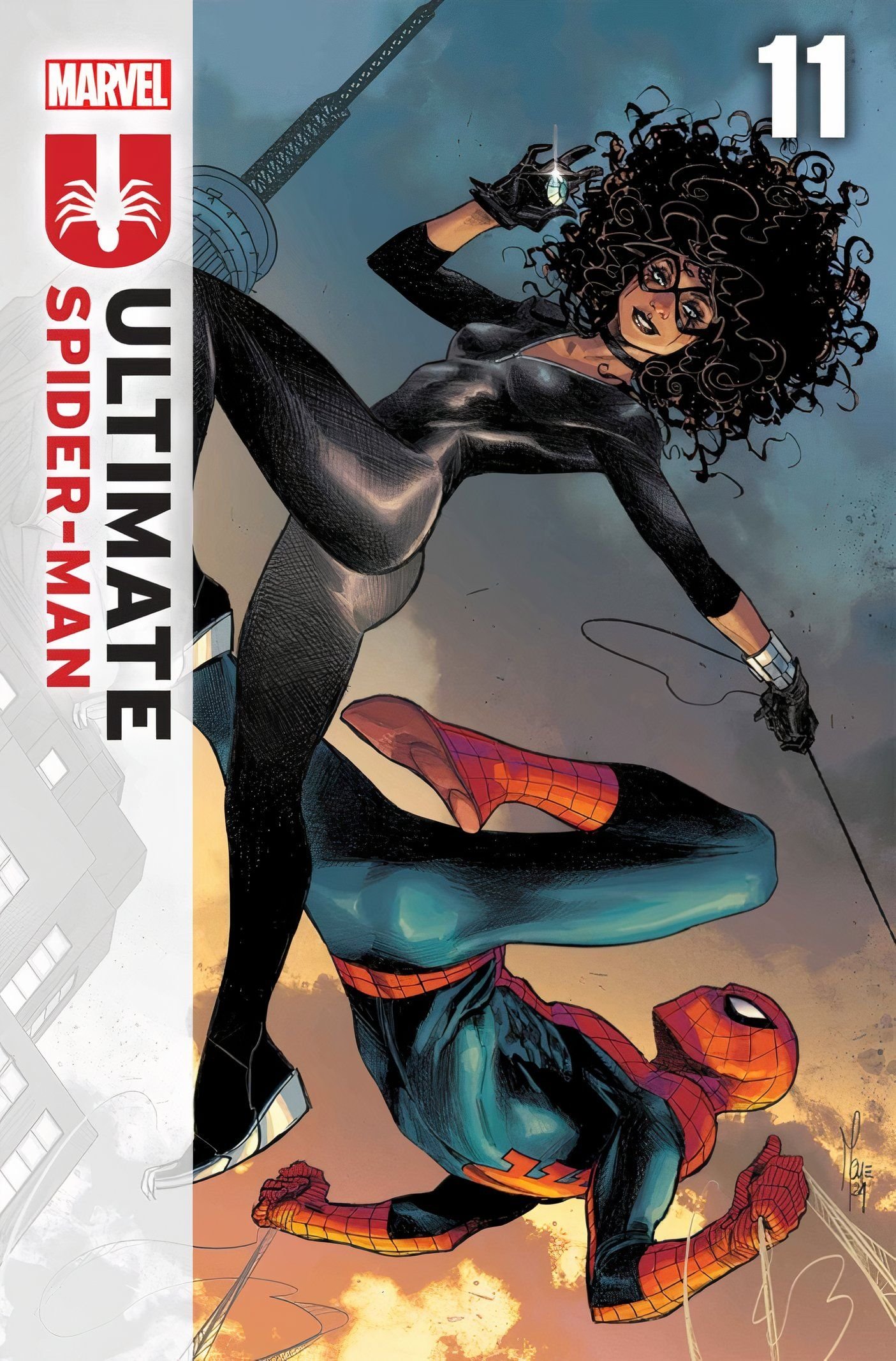 Ultimate Spider-Man #11 cover, the new version of Black Cat grappling with Spider-Man in mid-air.