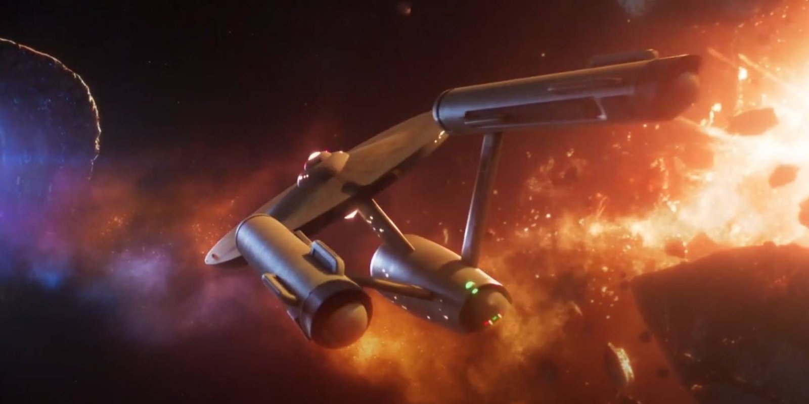 Star Trek Fleet Command USS Enterprise moving near a nebula and destroyed planet.