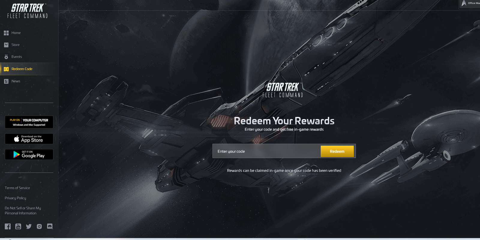 The Redeem Page on the Star Trek Fleet Command Website being used by player.