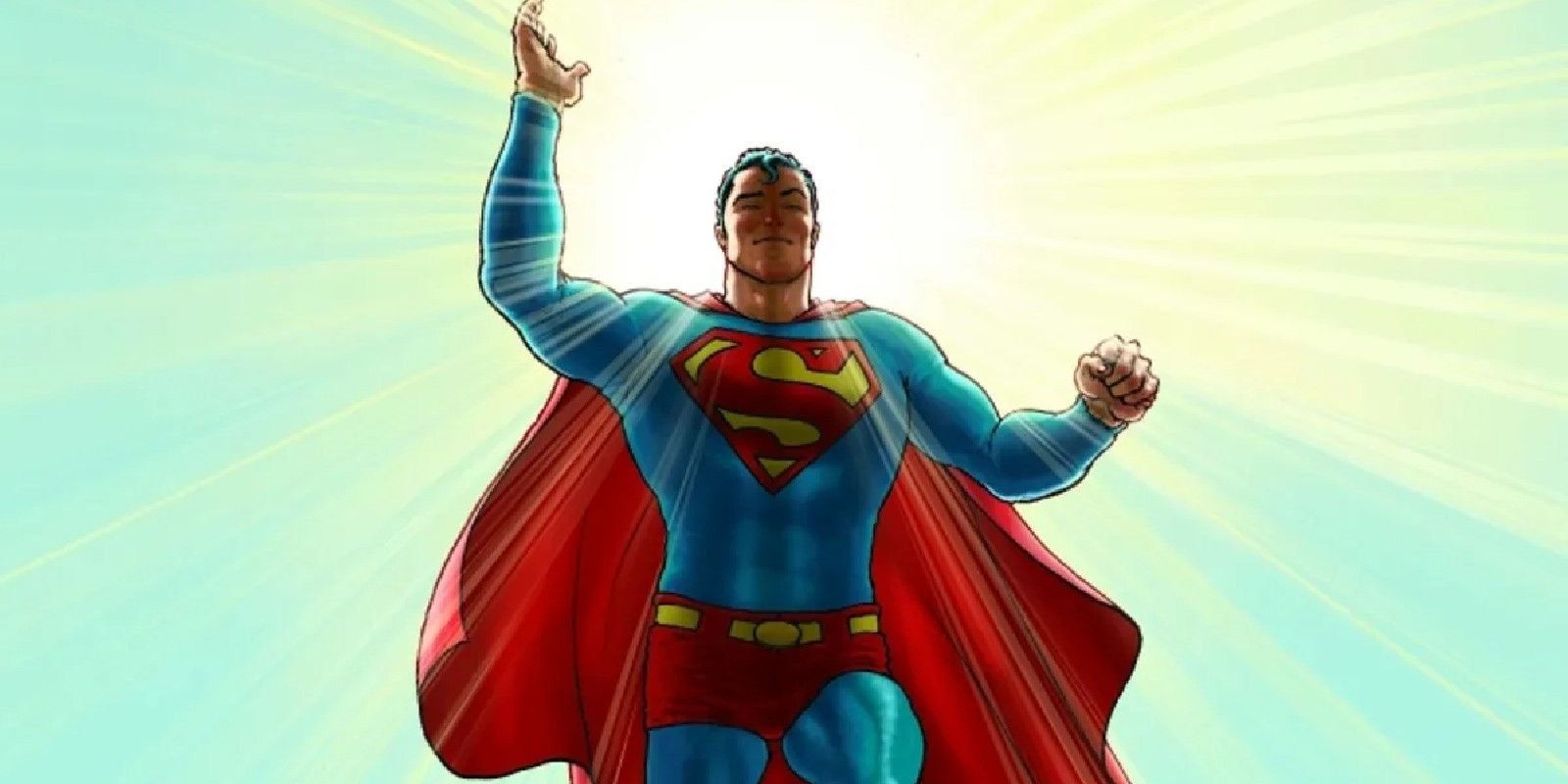 Comic book art: Superman flies in front of Earth's sun.