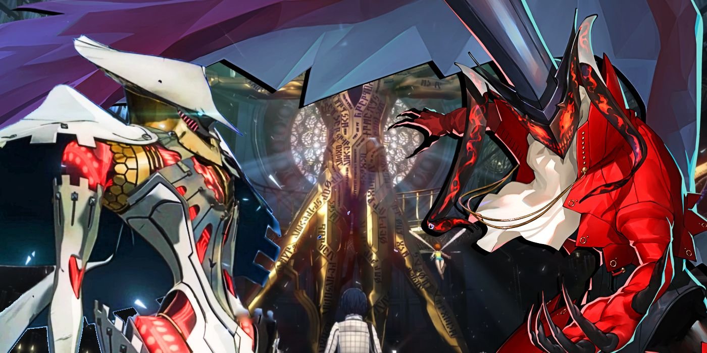 The Timing Is Perfect For The Rumored Persona 4 Remake 3 The Seeker Archetype from Metaphor and Arsene from Persona 5 in front of an image of the giant Vitruvian Man statue in Akademeia.-1