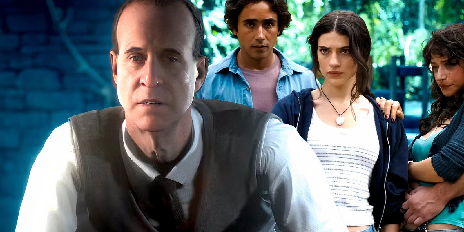 Peter Stormare as Dr. Hill looking upset and the Until Dawn movie cast looking suspiciously at him