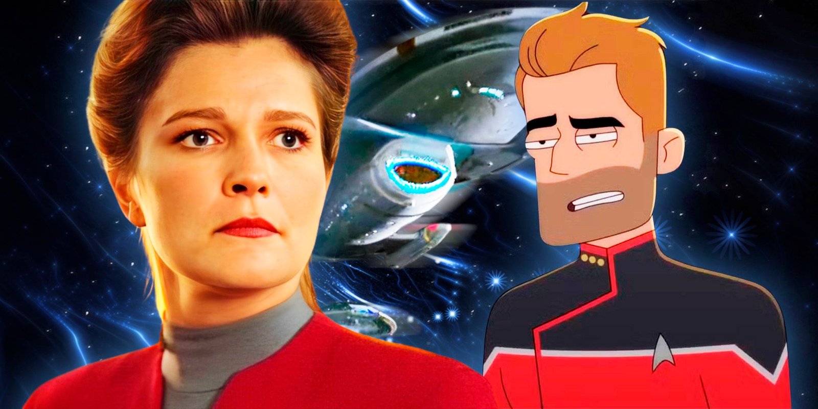 Custom Star Trek image of Captain Janeway and Commander Ransom with the USS Voyager in the background