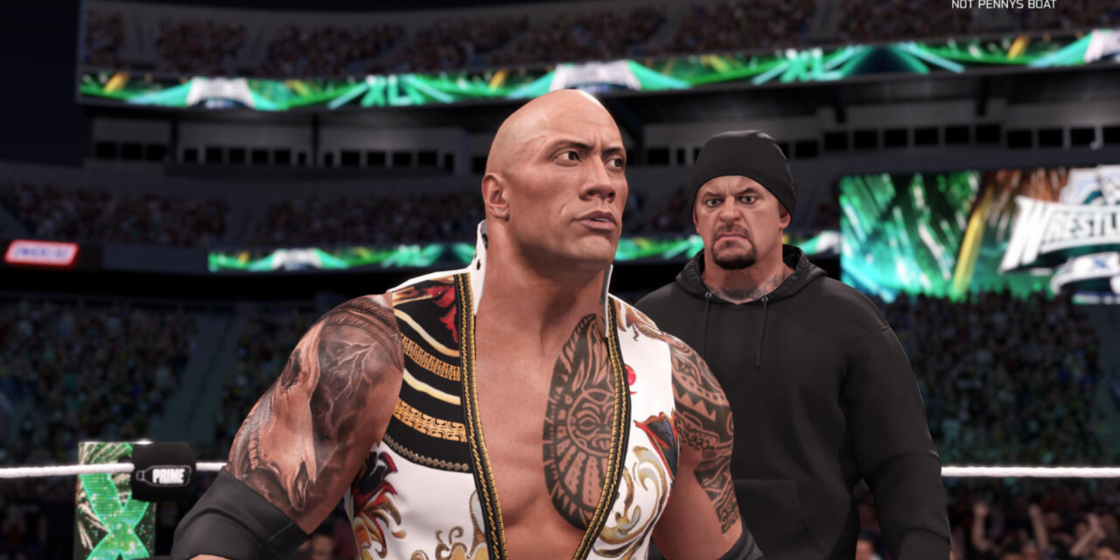 WWE 2K25 The Rock and Undertaker looking angrily from behind.
