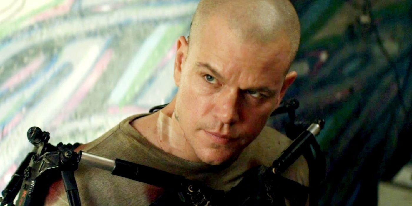 Matt Damon wearing an exo-suit in Elysium.