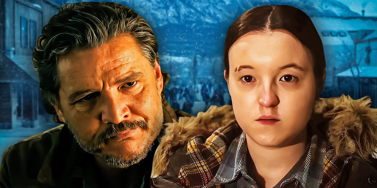 Joel Miller (Pedro Pascal) tears up and resists his tears. He's edited with Ellie Williams (Bella Ramsey) looking serious in a winter outfit. They're both edited over Jackson in winter.
