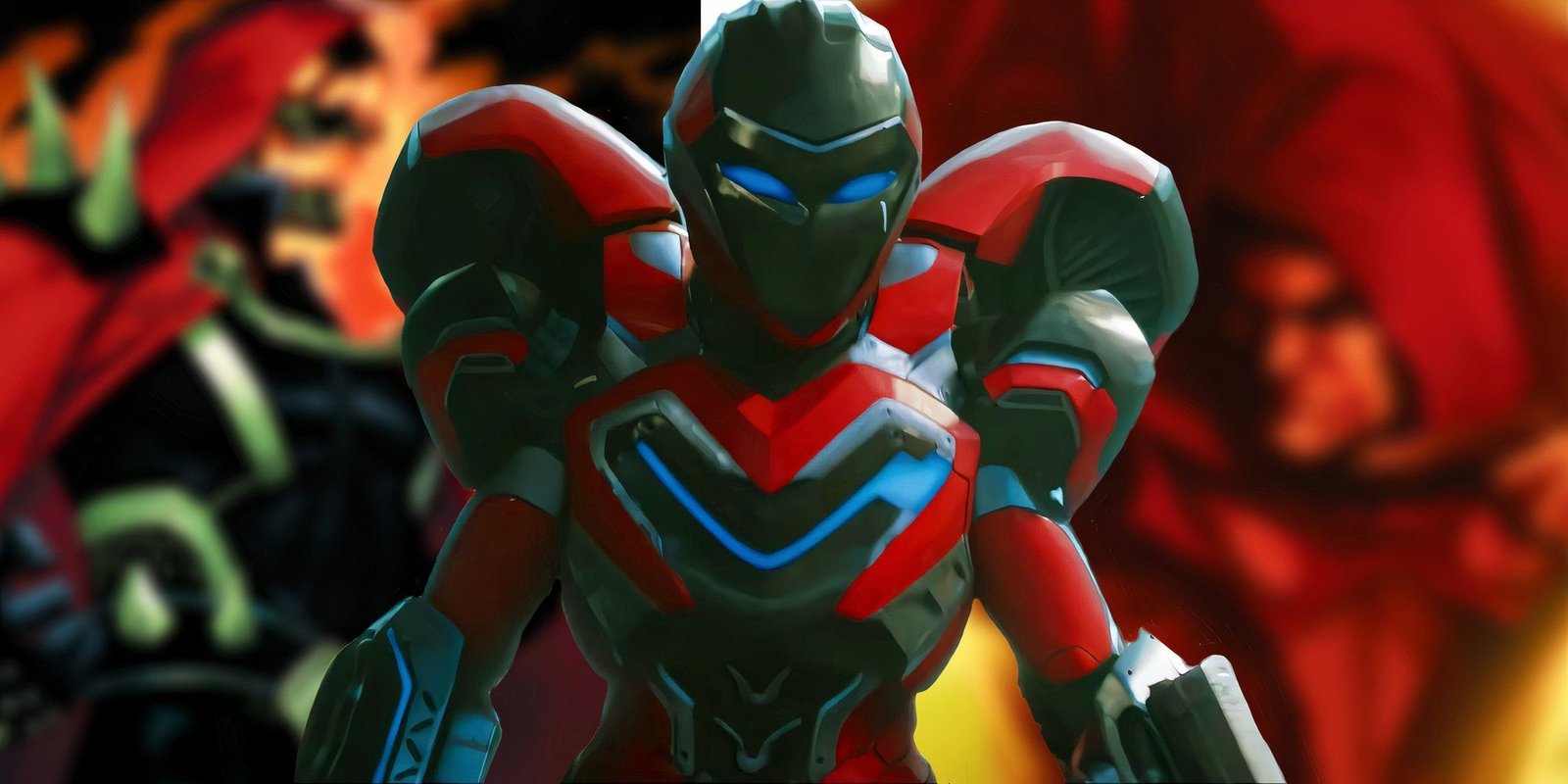 Ironheart as seen in Black Panther: Wakanda Forever (2022) between blurred images of The Hood from Marvel Comics