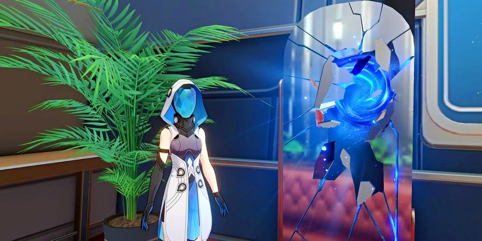 Honkai Star Rail's Messenger stands in front of the Forgotten Hall's broken mirror.