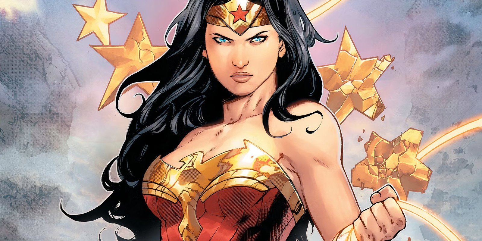 Comic book art: Wonder Woman glares at the reader with broken stars shattering behind her.