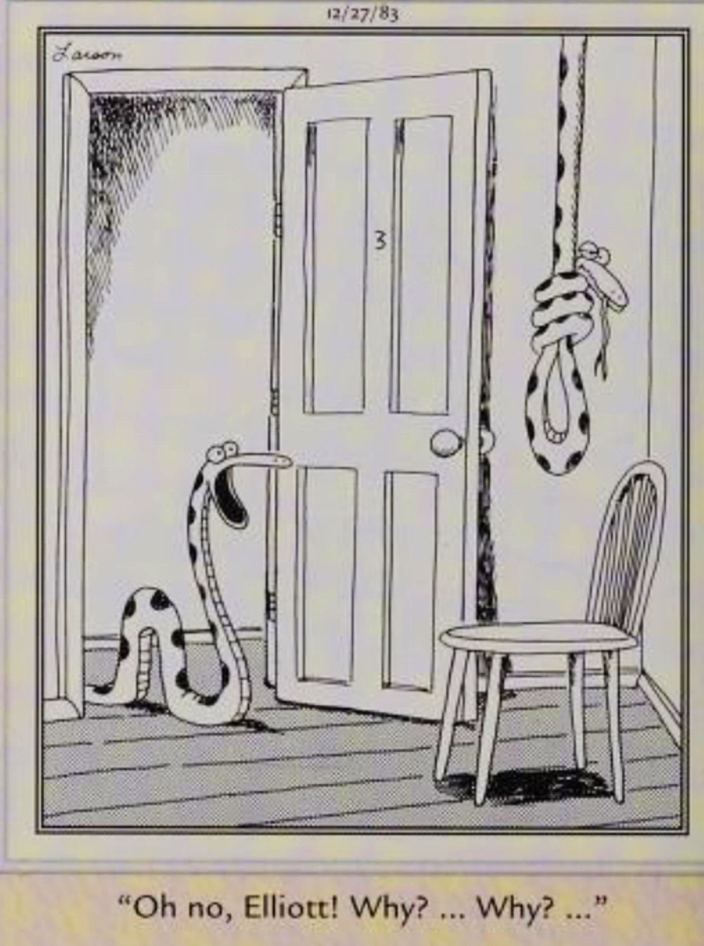 Far Side, December 27, 1983, a snake comes home to find her snake husband has hung himself