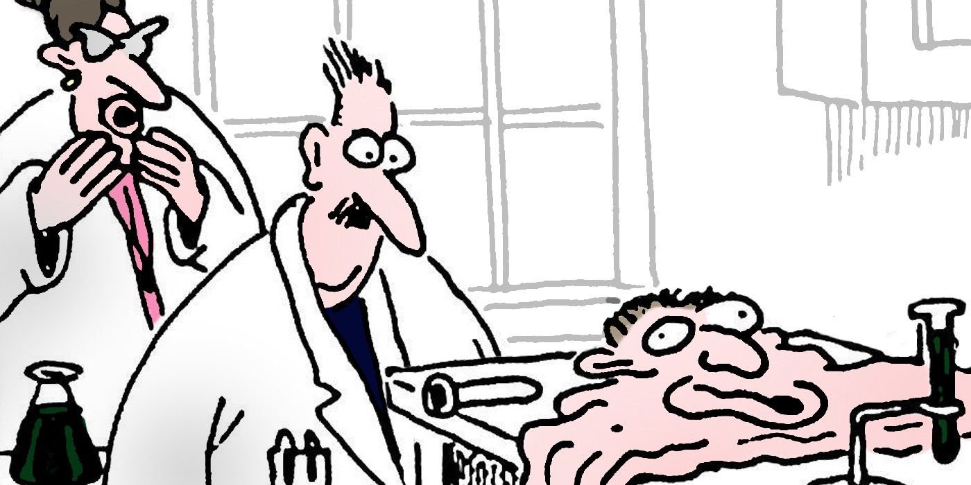 The Far Side, scientists look at their colleague who has melted