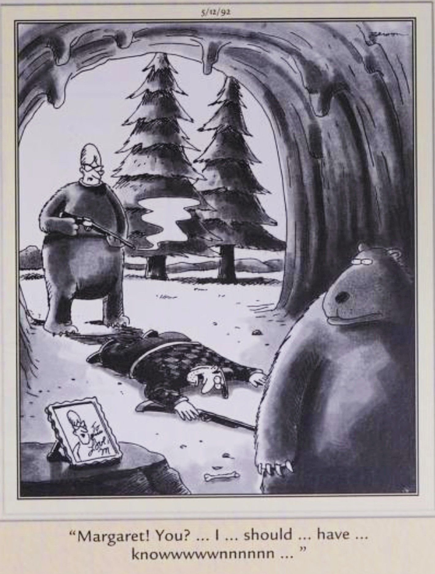 Far Side, May 11, 1992 a woman shoots her human husband in front of her bear lover