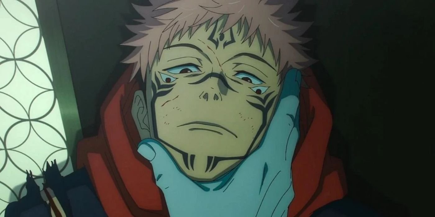 Sukuna Ryomen looking up in disappointment as Jogo holds his face.