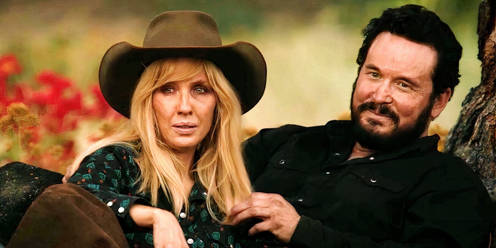 Rip and Beth smiling and watching from the sideline in Yellowstone